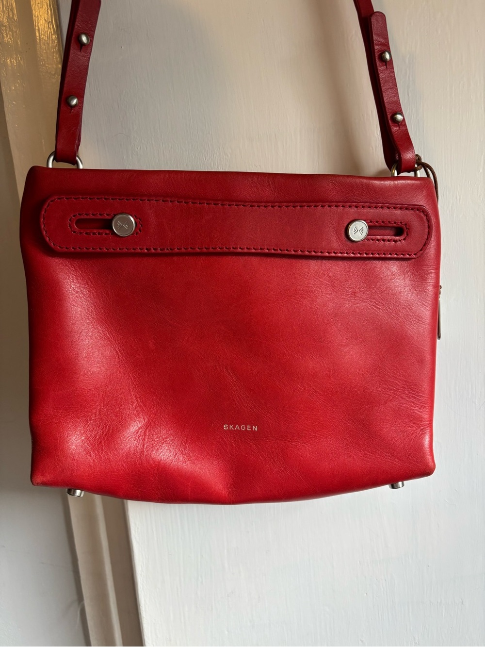 Skagen Red Leather Crossbody with Studded Strap